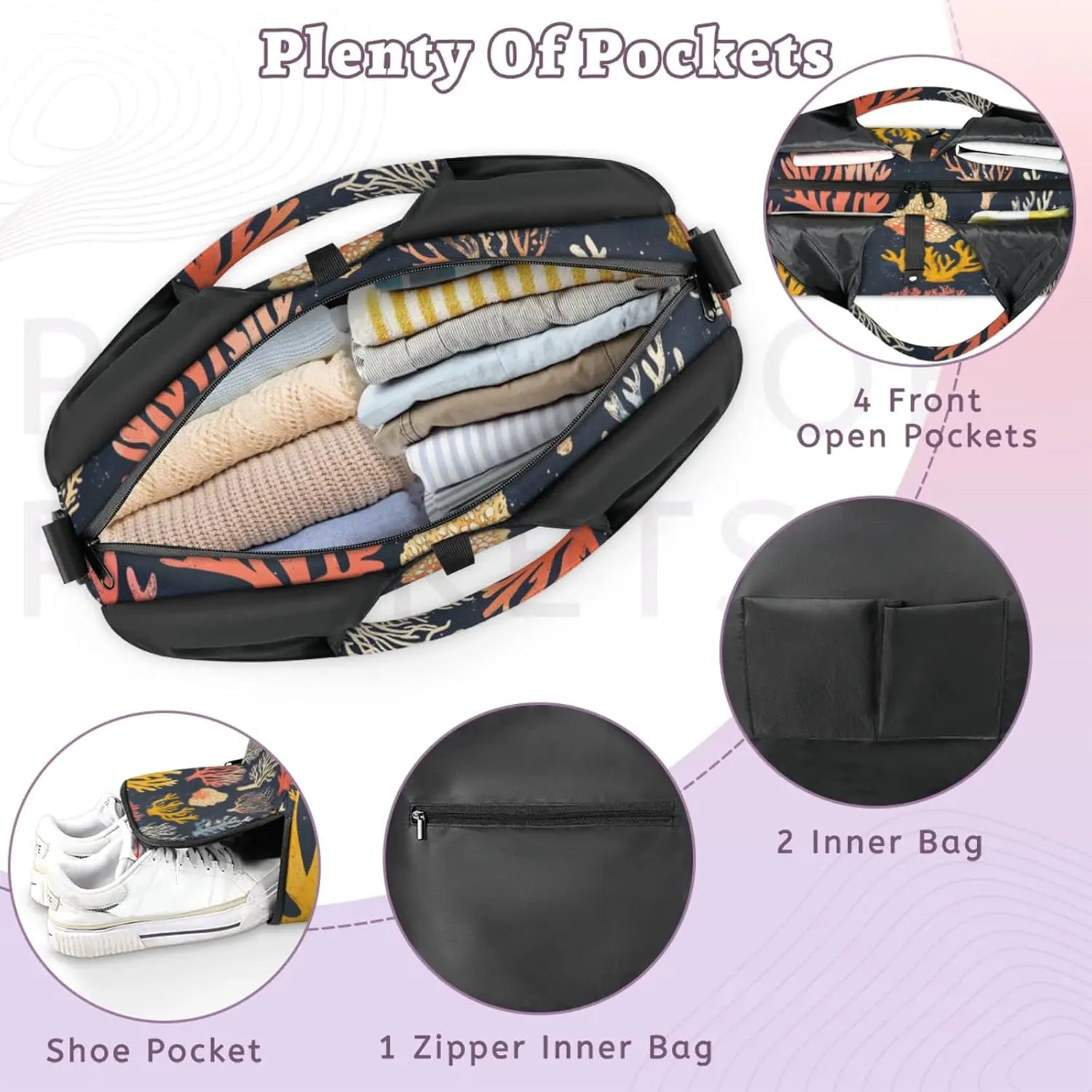 Gym Bag for Women Coral Print Duffel Bag with Shoe Compartment and Yoga Mat Holder Portable Weekender Bags Travel Tote Bags