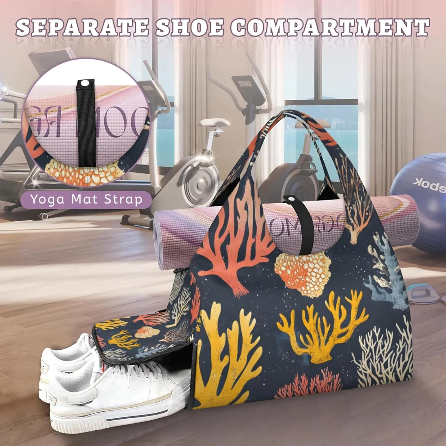 Gym Bag for Women Coral Print Duffel Bag with Shoe Compartment and Yoga Mat Holder Portable Weekender Bags Travel Tote Bags