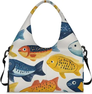 Gym Bag for Women Cute Fishes Print Duffel Bag with Shoe Compartment and Yoga Mat Holder Portable Weekender Bags Travel Tote Bags