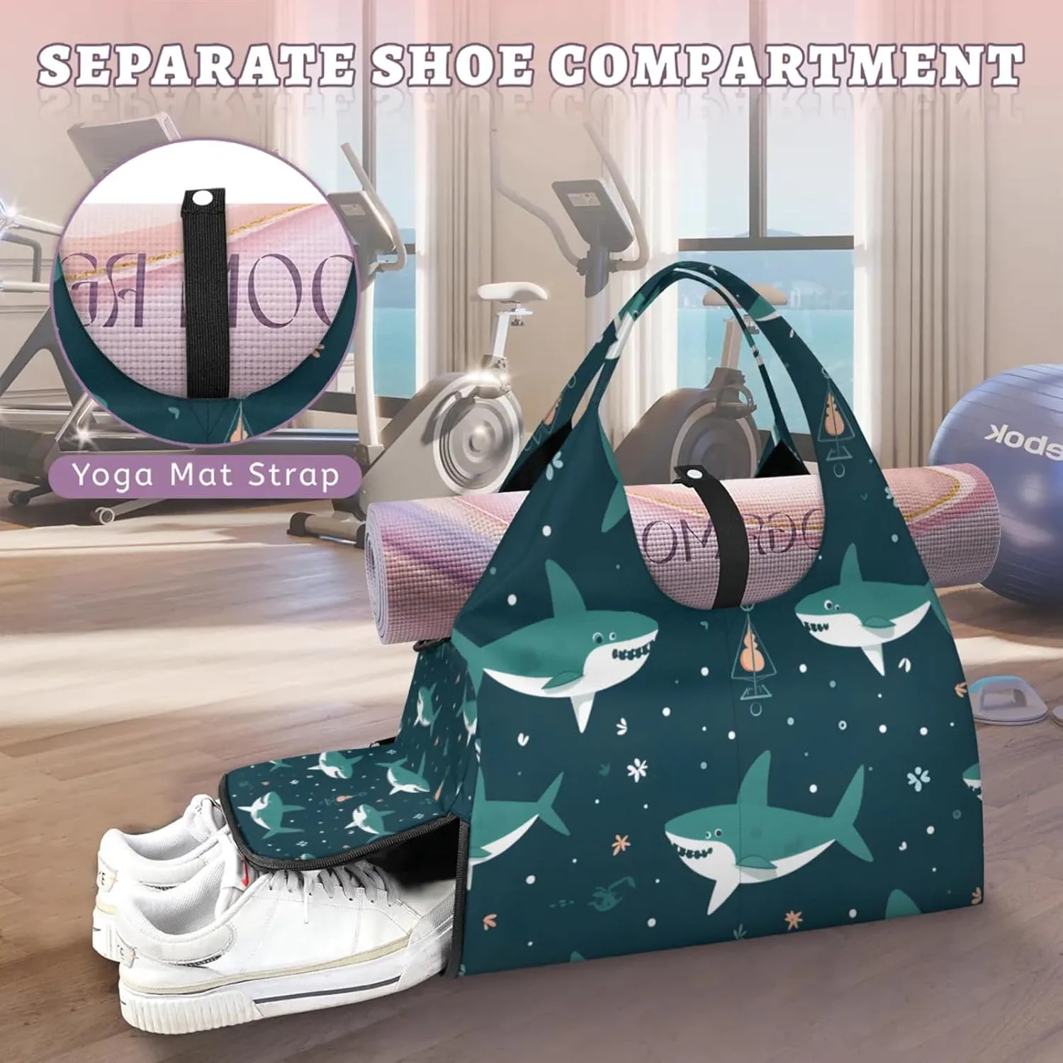 Gym Bag for Women Cute Shark Duffel Bag with Shoe Compartment and Yoga Mat Holder Portable Weekender Bags Travel Tote Bags