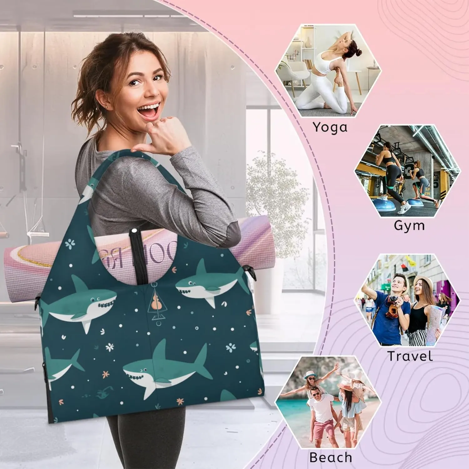 Gym Bag for Women Cute Shark Duffel Bag with Shoe Compartment and Yoga Mat Holder Portable Weekender Bags Travel Tote Bags