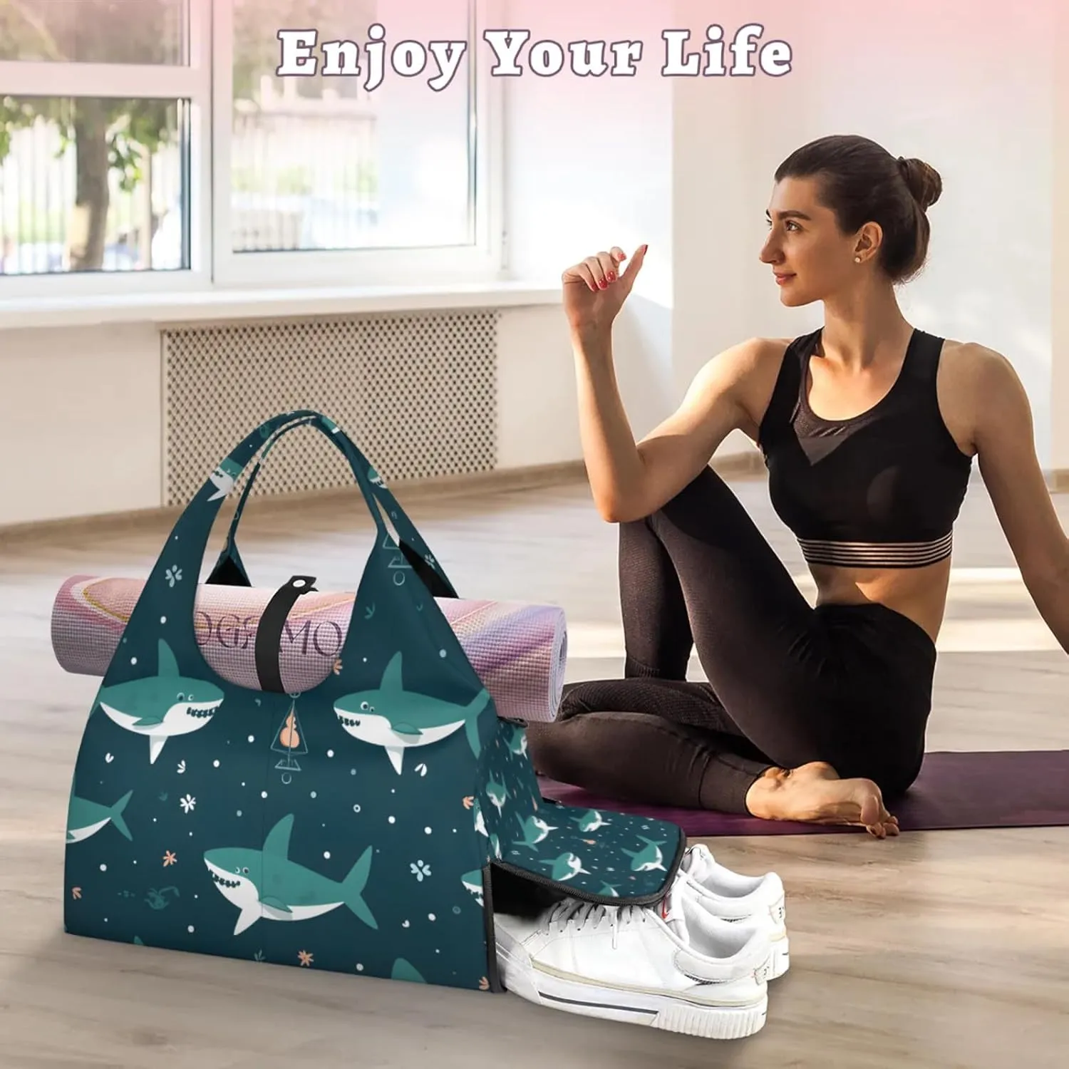 Gym Bag for Women Cute Shark Duffel Bag with Shoe Compartment and Yoga Mat Holder Portable Weekender Bags Travel Tote Bags