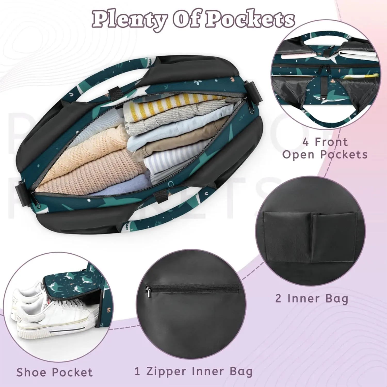 Gym Bag for Women Cute Shark Duffel Bag with Shoe Compartment and Yoga Mat Holder Portable Weekender Bags Travel Tote Bags