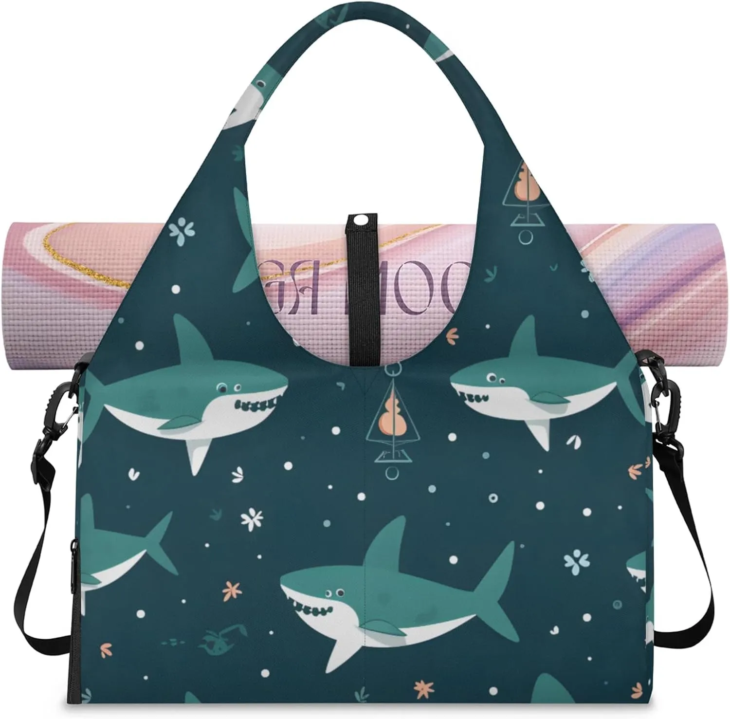 Gym Bag for Women Cute Shark Duffel Bag with Shoe Compartment and Yoga Mat Holder Portable Weekender Bags Travel Tote Bags