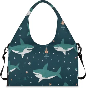 Gym Bag for Women Cute Shark Duffel Bag with Shoe Compartment and Yoga Mat Holder Portable Weekender Bags Travel Tote Bags