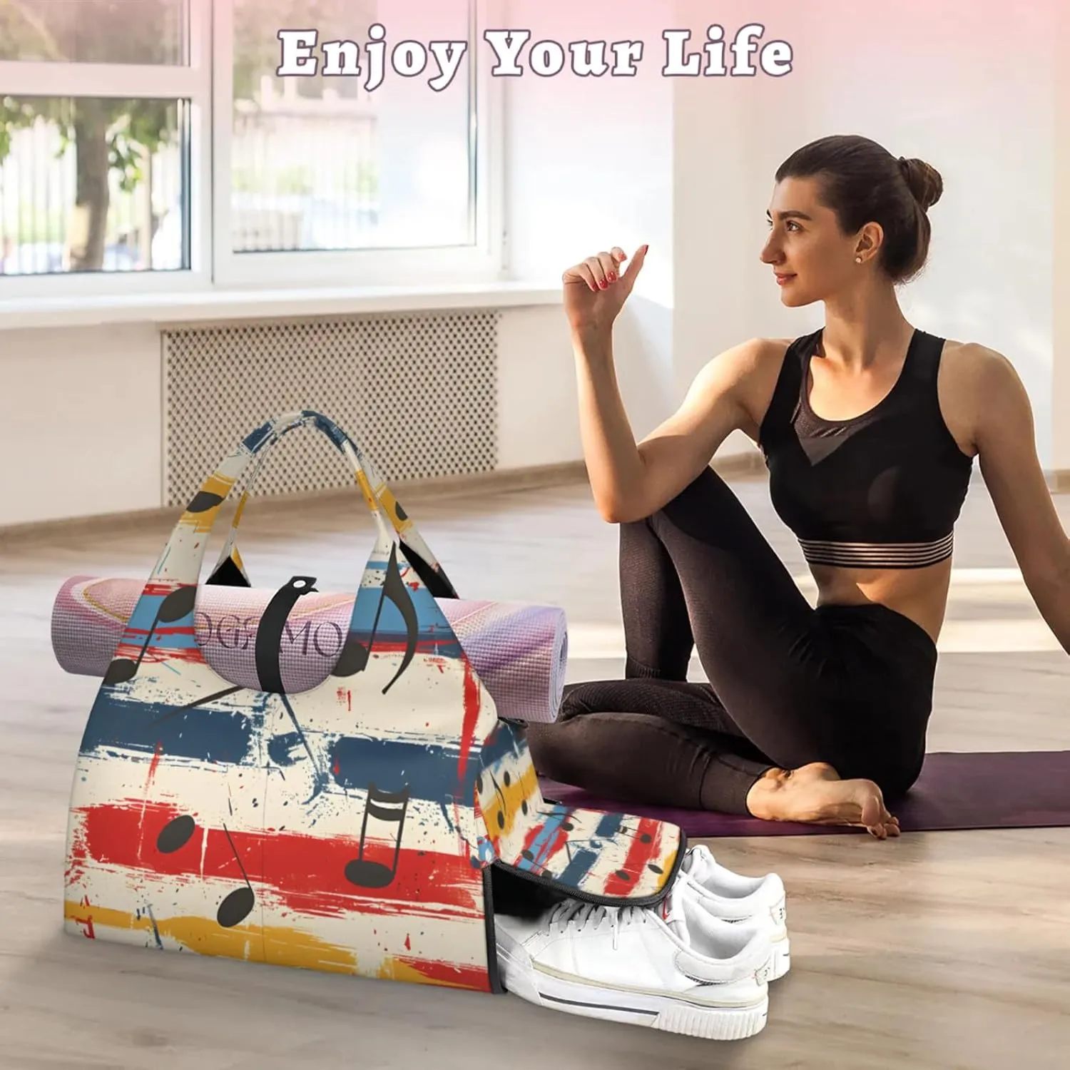 Gym Bag for Women Notes Graffiti Duffel Bag with Shoe Compartment and Yoga Mat Holder Portable Weekender Bags Travel Tote Bags