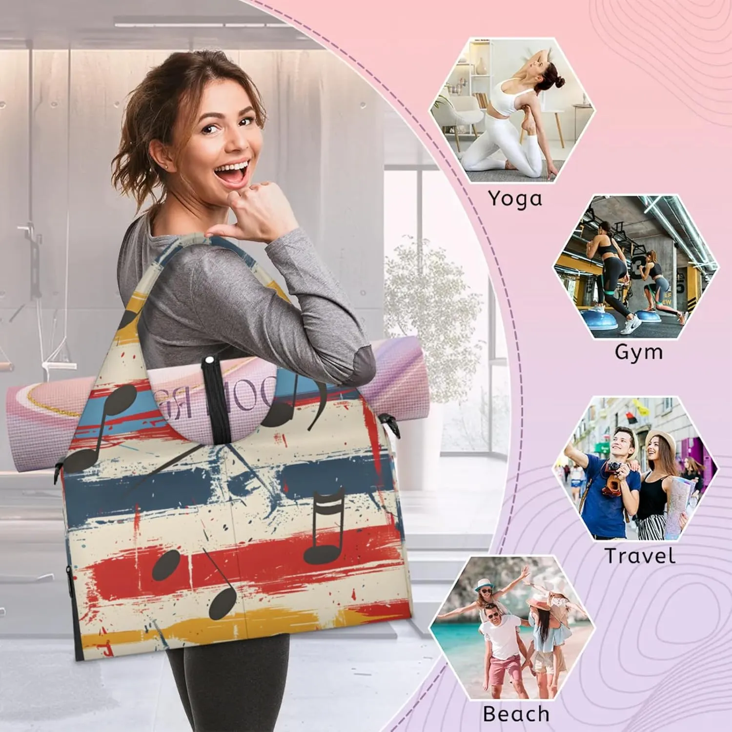 Gym Bag for Women Notes Graffiti Duffel Bag with Shoe Compartment and Yoga Mat Holder Portable Weekender Bags Travel Tote Bags