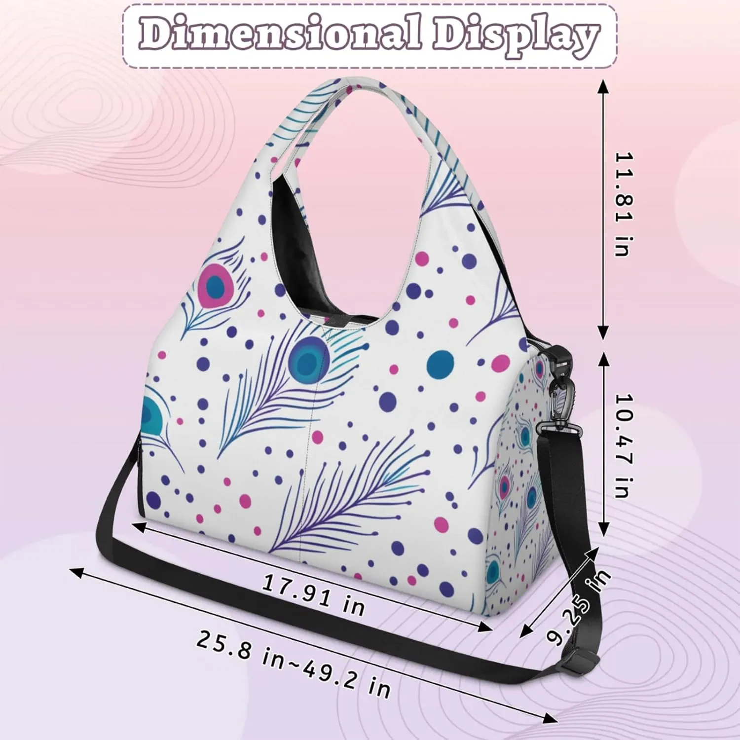 Gym Bag for Women Peacock Feathers Dots Duffel Bag with Shoe Compartment and Yoga Mat Holder Portable Weekender Bags Travel Tote Bags
