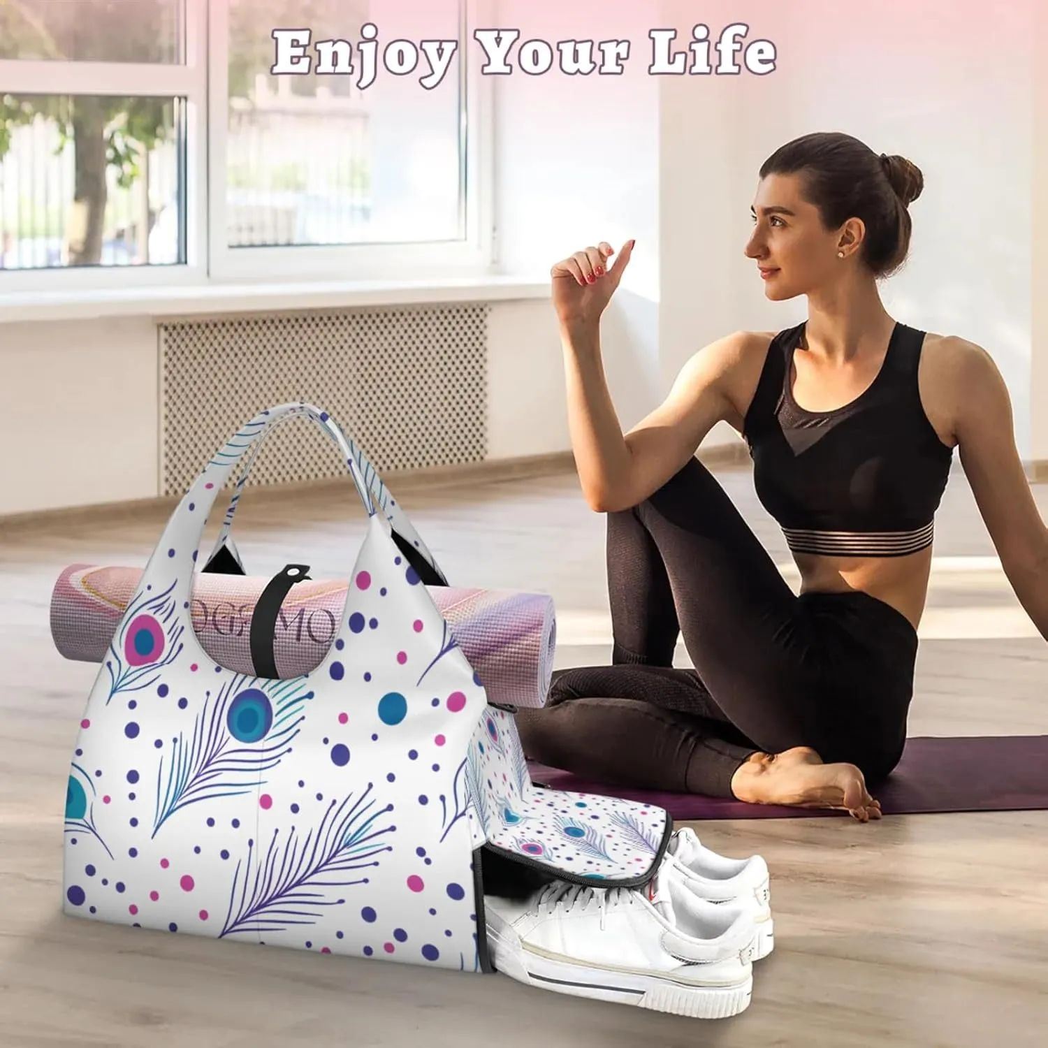 Gym Bag for Women Peacock Feathers Dots Duffel Bag with Shoe Compartment and Yoga Mat Holder Portable Weekender Bags Travel Tote Bags