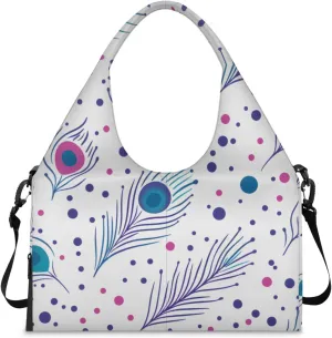 Gym Bag for Women Peacock Feathers Dots Duffel Bag with Shoe Compartment and Yoga Mat Holder Portable Weekender Bags Travel Tote Bags