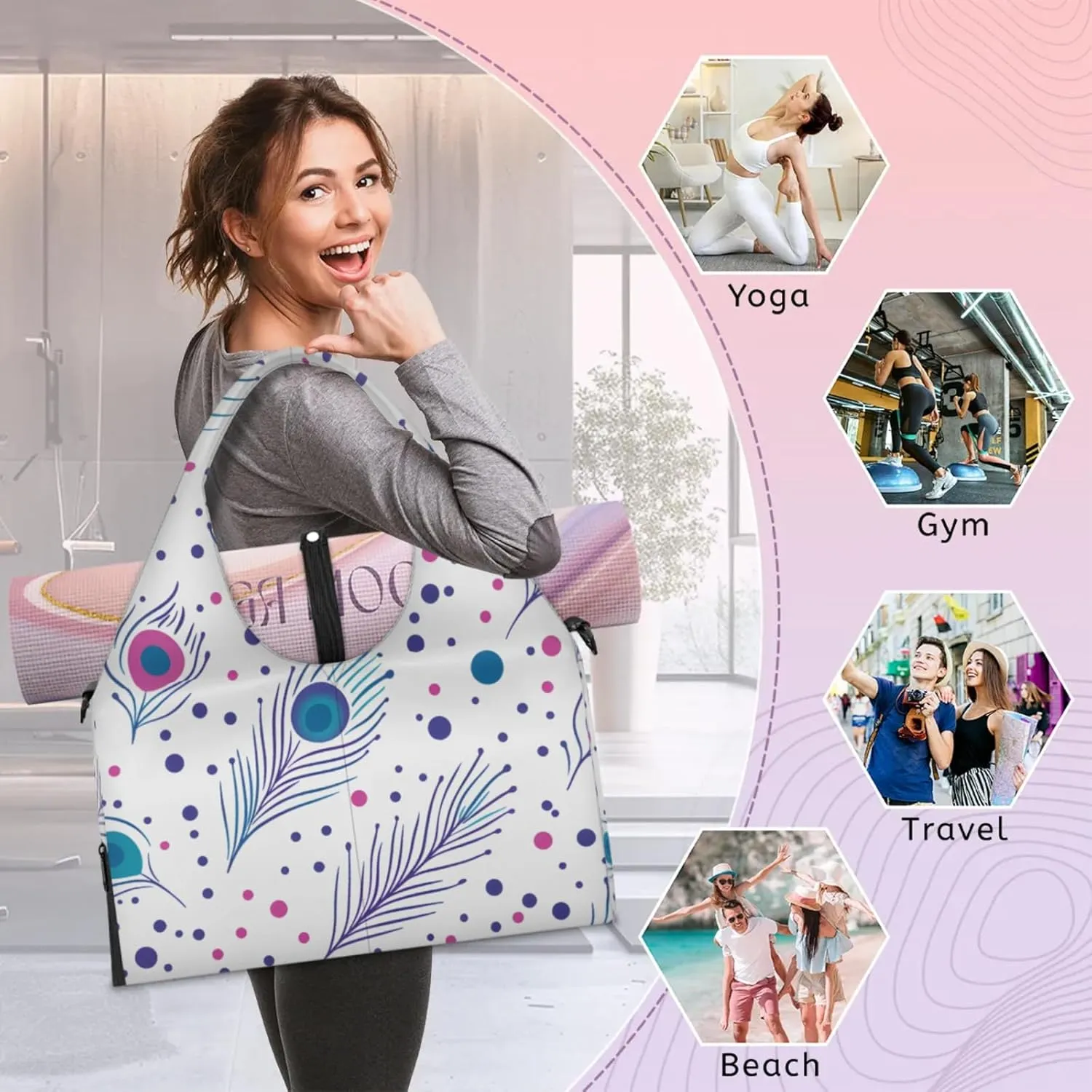 Gym Bag for Women Peacock Feathers Dots Duffel Bag with Shoe Compartment and Yoga Mat Holder Portable Weekender Bags Travel Tote Bags
