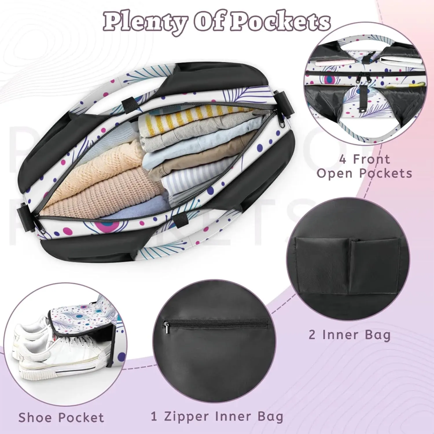 Gym Bag for Women Peacock Feathers Dots Duffel Bag with Shoe Compartment and Yoga Mat Holder Portable Weekender Bags Travel Tote Bags