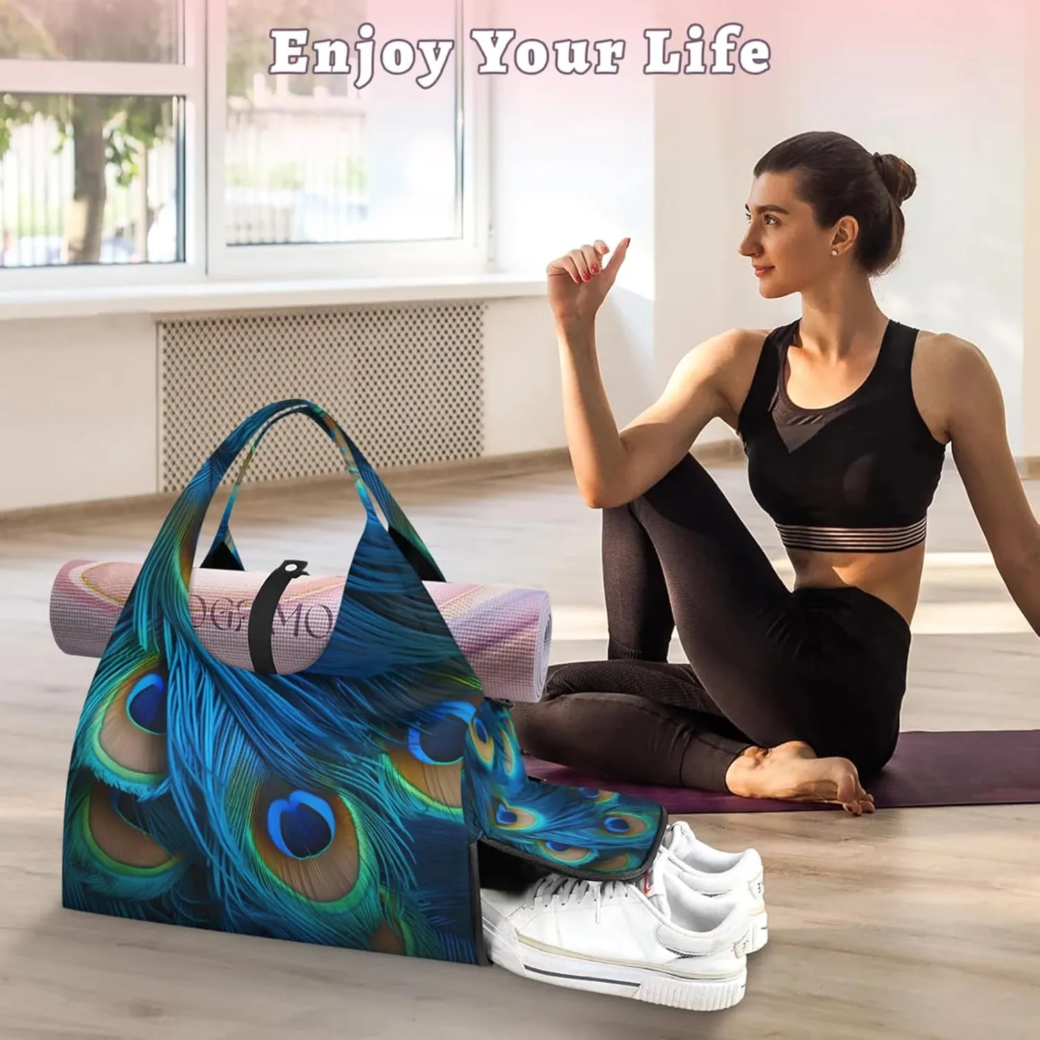Gym Bag for Women Peacocks Feather Duffel Bag with Shoe Compartment and Yoga Mat Holder Portable Weekender Bags Travel Tote Bags
