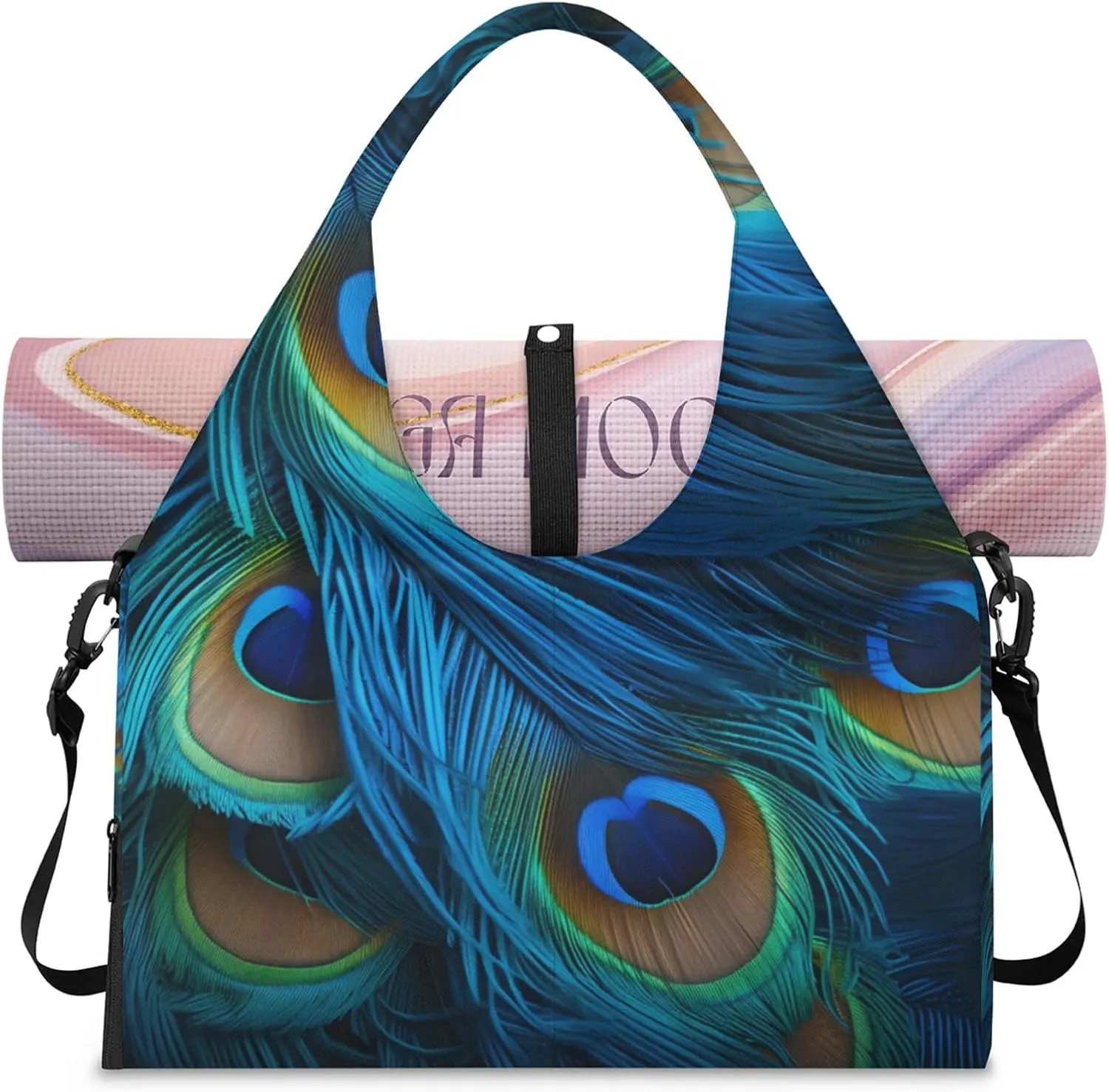 Gym Bag for Women Peacocks Feather Duffel Bag with Shoe Compartment and Yoga Mat Holder Portable Weekender Bags Travel Tote Bags