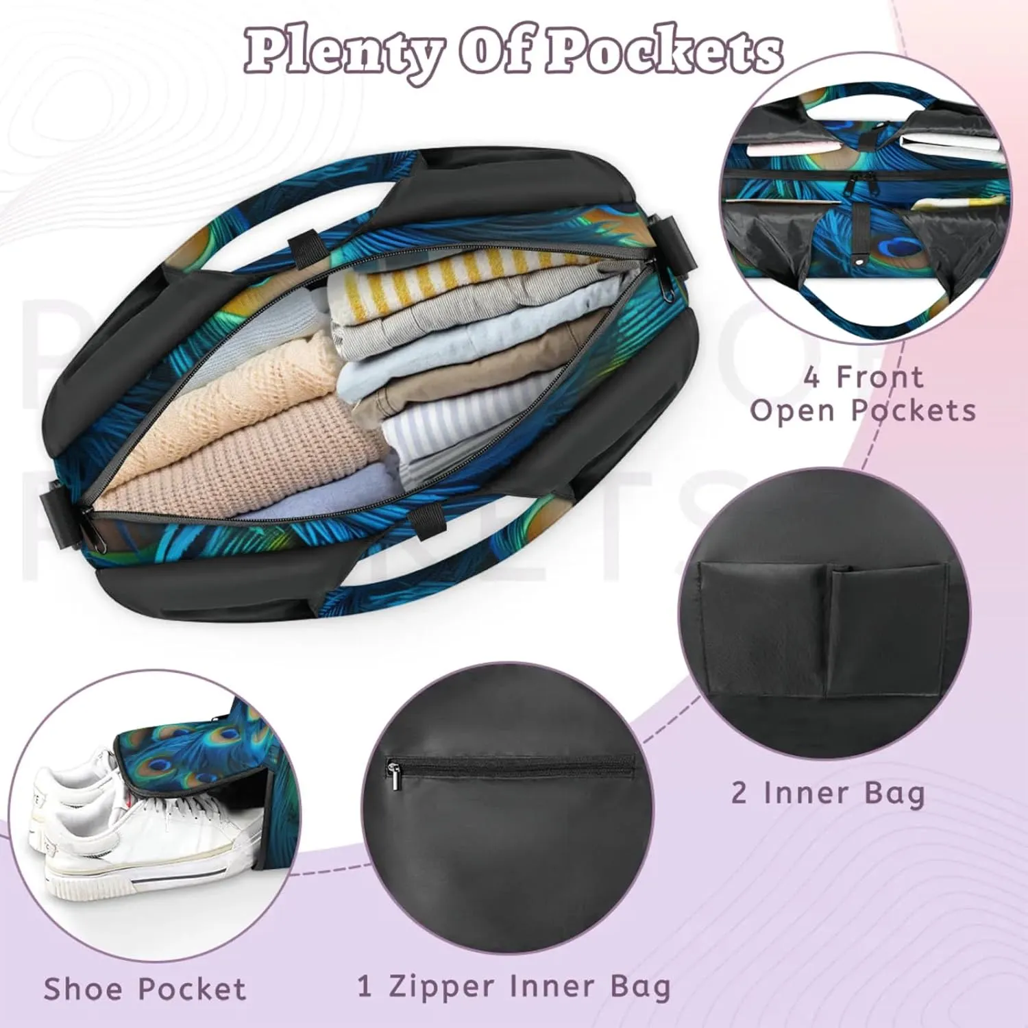 Gym Bag for Women Peacocks Feather Duffel Bag with Shoe Compartment and Yoga Mat Holder Portable Weekender Bags Travel Tote Bags