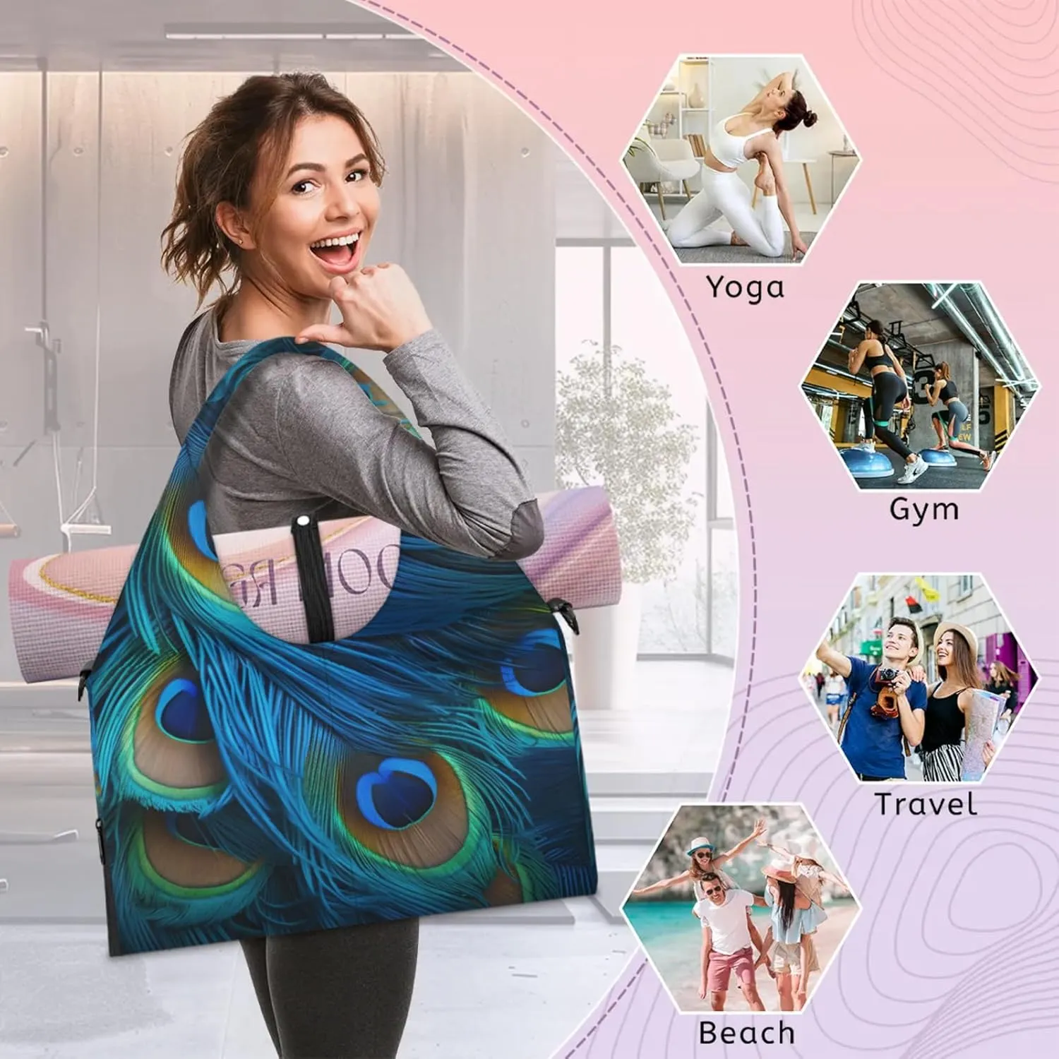 Gym Bag for Women Peacocks Feather Duffel Bag with Shoe Compartment and Yoga Mat Holder Portable Weekender Bags Travel Tote Bags