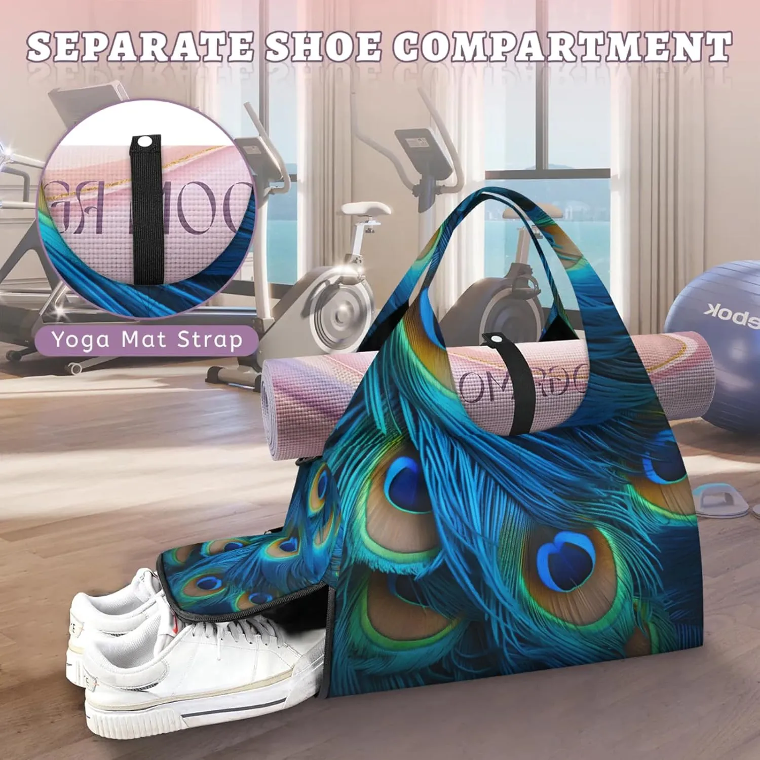 Gym Bag for Women Peacocks Feather Duffel Bag with Shoe Compartment and Yoga Mat Holder Portable Weekender Bags Travel Tote Bags