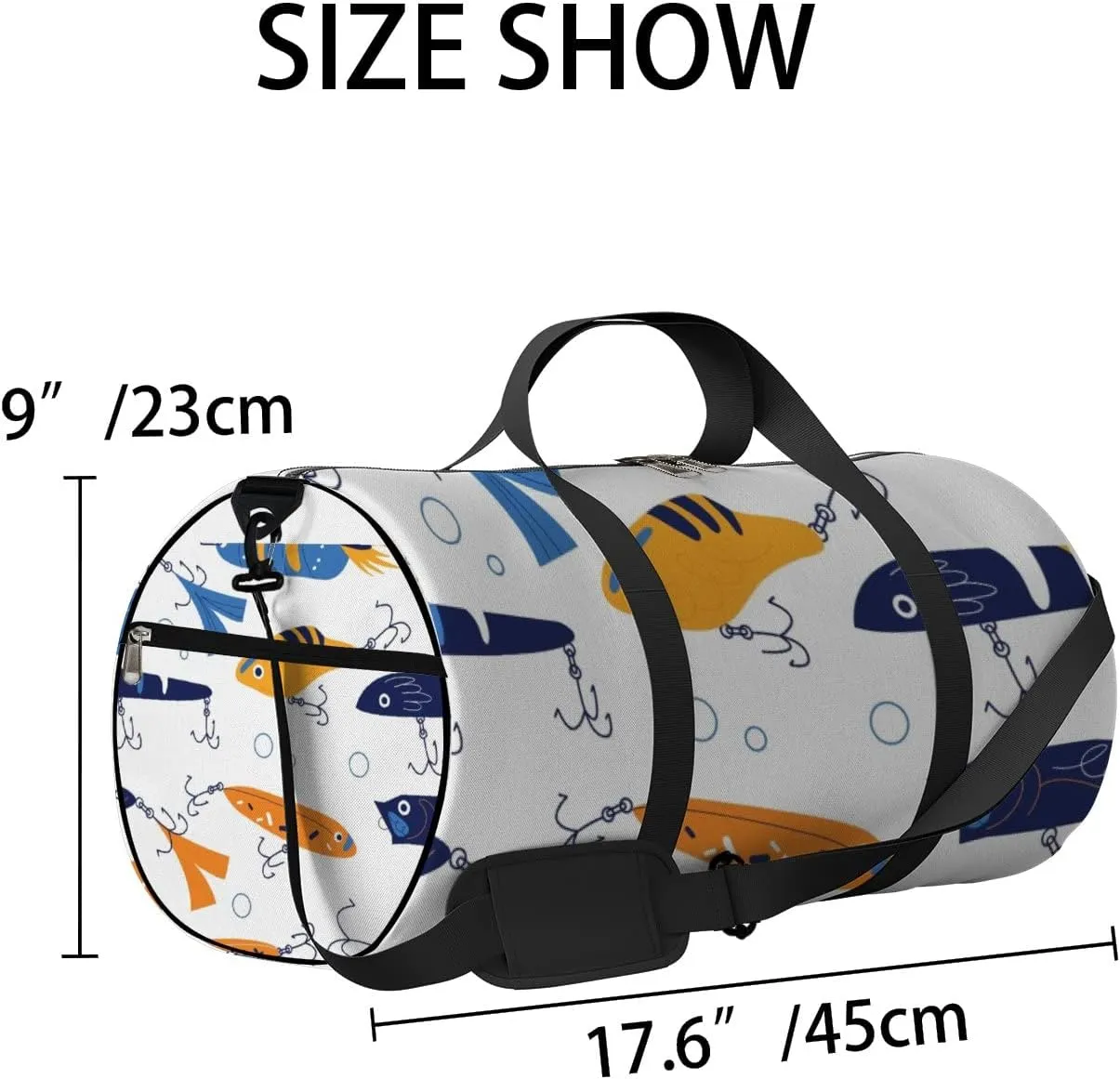 Gym Bag Sports Travel Bag Colorful Fishes Hooks Bubbles Blue Orange Yellow Weekender Bags with 2 Side Pocket Lightweight Waterproof Polyester Tote Bag for Swimming Yoga Women Men 9x17.6inch