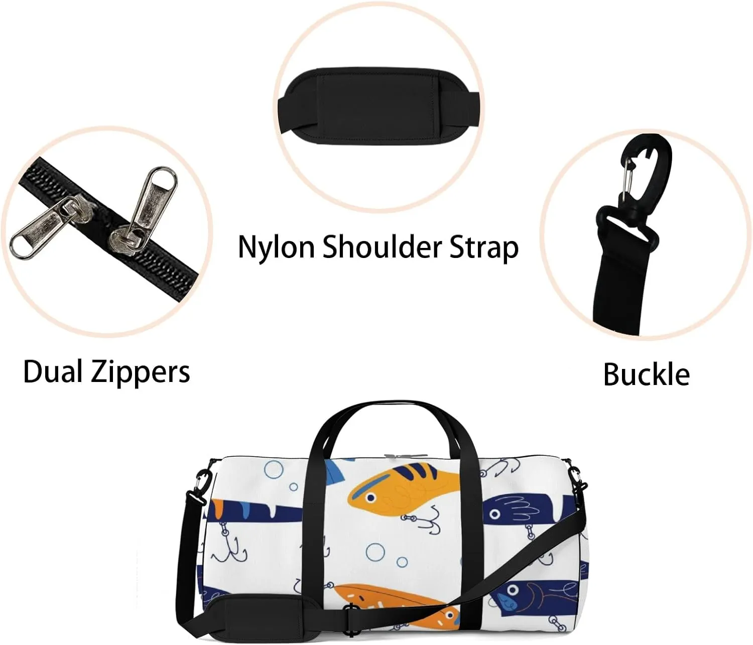 Gym Bag Sports Travel Bag Colorful Fishes Hooks Bubbles Blue Orange Yellow Weekender Bags with 2 Side Pocket Lightweight Waterproof Polyester Tote Bag for Swimming Yoga Women Men 9x17.6inch