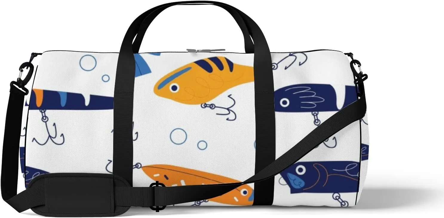 Gym Bag Sports Travel Bag Colorful Fishes Hooks Bubbles Blue Orange Yellow Weekender Bags with 2 Side Pocket Lightweight Waterproof Polyester Tote Bag for Swimming Yoga Women Men 9x17.6inch