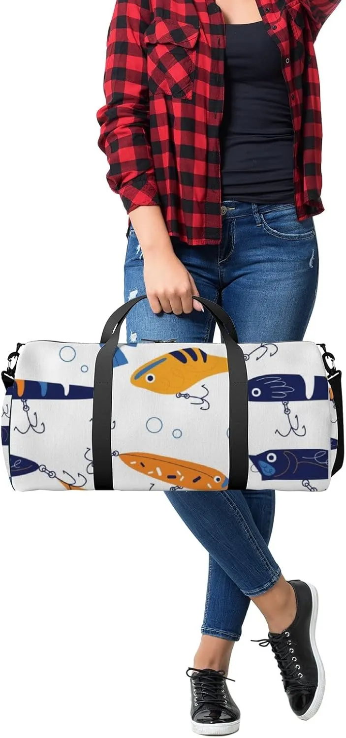 Gym Bag Sports Travel Bag Colorful Fishes Hooks Bubbles Blue Orange Yellow Weekender Bags with 2 Side Pocket Lightweight Waterproof Polyester Tote Bag for Swimming Yoga Women Men 9x17.6inch