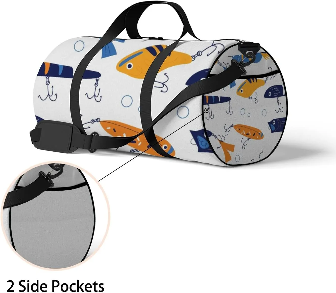 Gym Bag Sports Travel Bag Colorful Fishes Hooks Bubbles Blue Orange Yellow Weekender Bags with 2 Side Pocket Lightweight Waterproof Polyester Tote Bag for Swimming Yoga Women Men 9x17.6inch