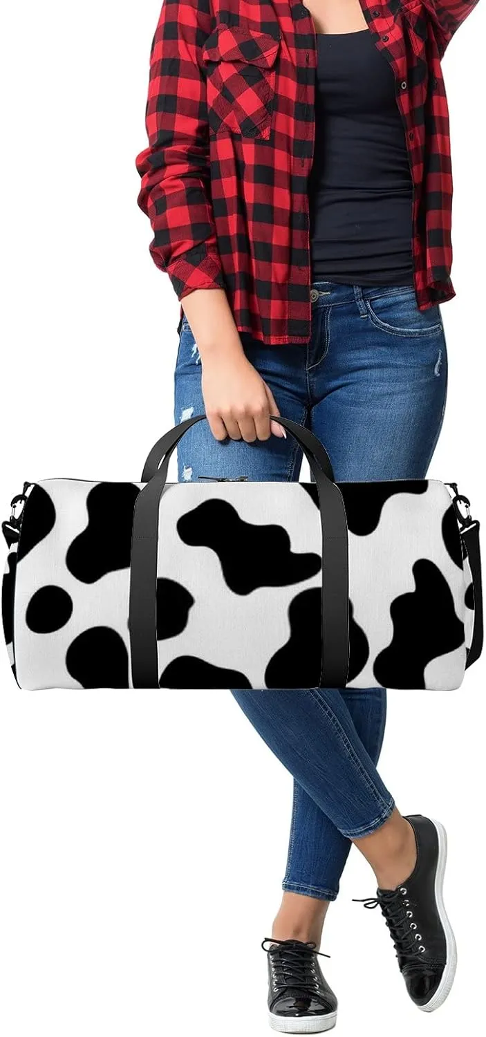Gym Bag Sports Travel Bag Cow Line Black White Weekender Bags with 2 Side Pocket Lightweight Waterproof Polyester Tote Bag for Swimming Yoga Women Men 9x17.6inch