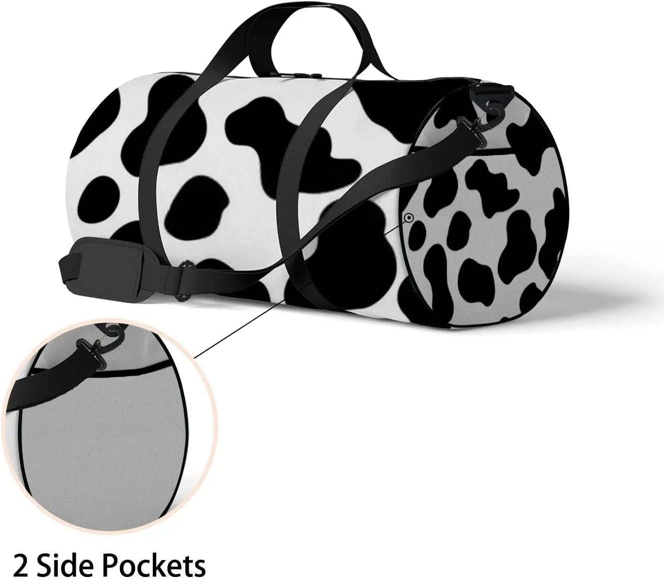 Gym Bag Sports Travel Bag Cow Line Black White Weekender Bags with 2 Side Pocket Lightweight Waterproof Polyester Tote Bag for Swimming Yoga Women Men 9x17.6inch