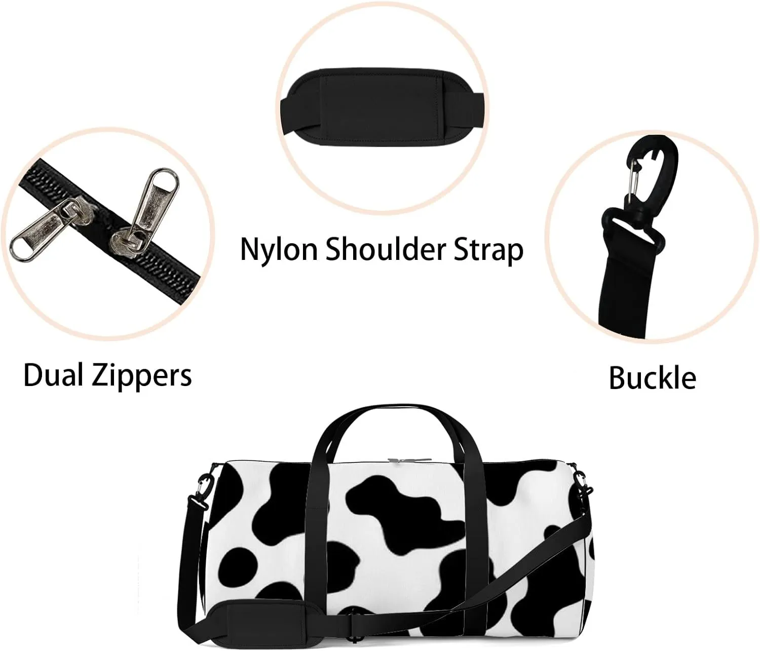 Gym Bag Sports Travel Bag Cow Line Black White Weekender Bags with 2 Side Pocket Lightweight Waterproof Polyester Tote Bag for Swimming Yoga Women Men 9x17.6inch