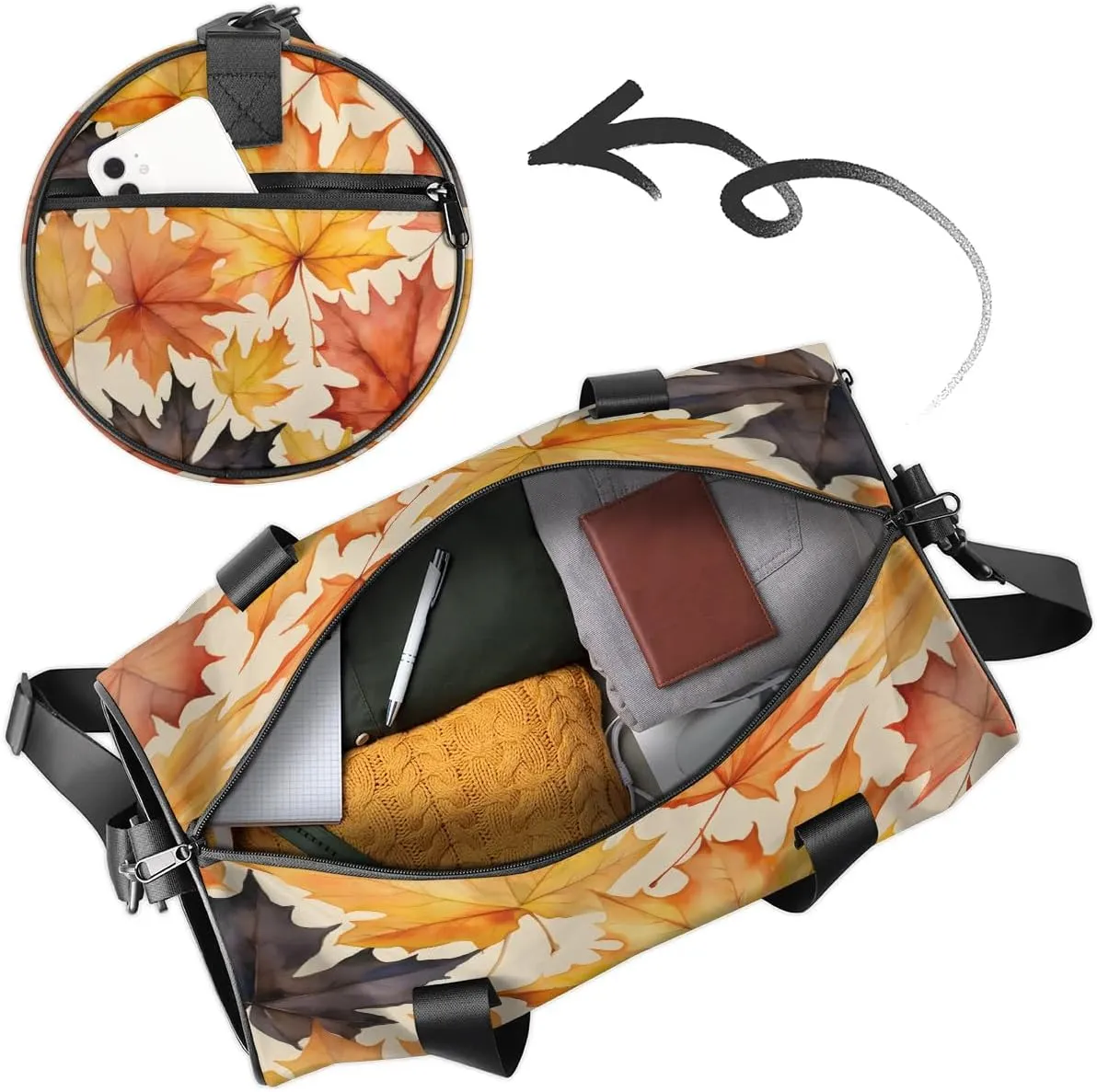 Gym Bags for Men Women Autumn Maple Leaves Sports Duffel Bags Carry On Travel Duffle Bag with Detachable Adjustable Shoulder Strap Overnight Weekender Bag