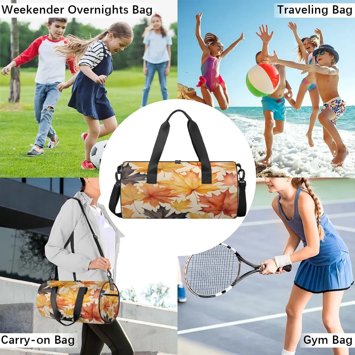 Gym Bags for Men Women Autumn Maple Leaves Sports Duffel Bags Carry On Travel Duffle Bag with Detachable Adjustable Shoulder Strap Overnight Weekender Bag