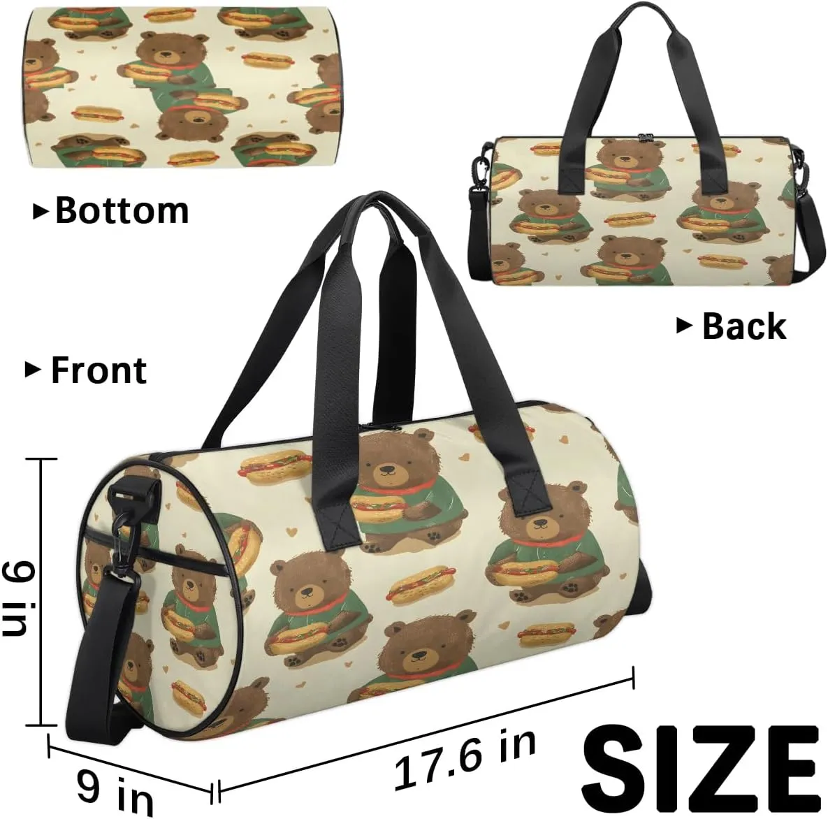 Gym Bags for Men Women Bear Eating Hot Dog Sports Duffel Bags Carry On Travel Duffle Bag with Detachable Adjustable Shoulder Strap Overnight Weekender Bag