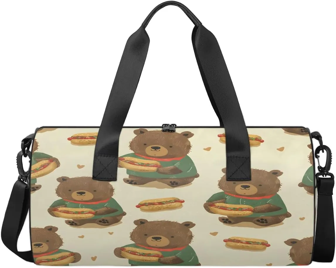 Gym Bags for Men Women Bear Eating Hot Dog Sports Duffel Bags Carry On Travel Duffle Bag with Detachable Adjustable Shoulder Strap Overnight Weekender Bag