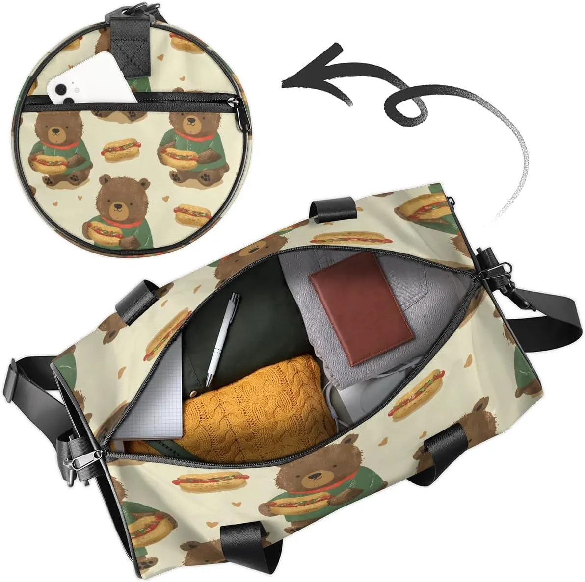 Gym Bags for Men Women Bear Eating Hot Dog Sports Duffel Bags Carry On Travel Duffle Bag with Detachable Adjustable Shoulder Strap Overnight Weekender Bag