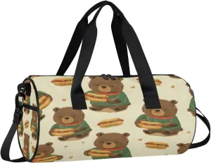 Gym Bags for Men Women Bear Eating Hot Dog Sports Duffel Bags Carry On Travel Duffle Bag with Detachable Adjustable Shoulder Strap Overnight Weekender Bag