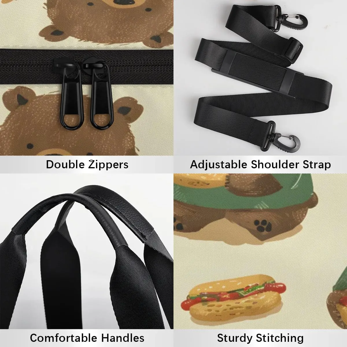 Gym Bags for Men Women Bear Eating Hot Dog Sports Duffel Bags Carry On Travel Duffle Bag with Detachable Adjustable Shoulder Strap Overnight Weekender Bag
