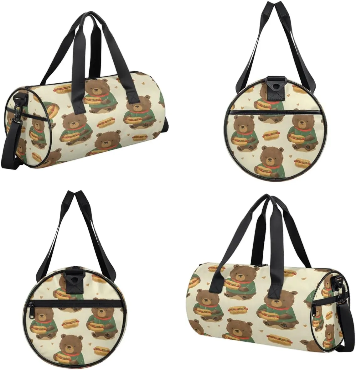 Gym Bags for Men Women Bear Eating Hot Dog Sports Duffel Bags Carry On Travel Duffle Bag with Detachable Adjustable Shoulder Strap Overnight Weekender Bag