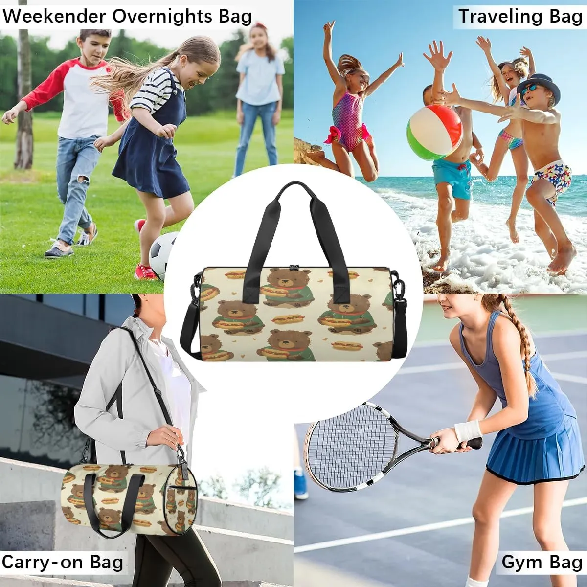 Gym Bags for Men Women Bear Eating Hot Dog Sports Duffel Bags Carry On Travel Duffle Bag with Detachable Adjustable Shoulder Strap Overnight Weekender Bag