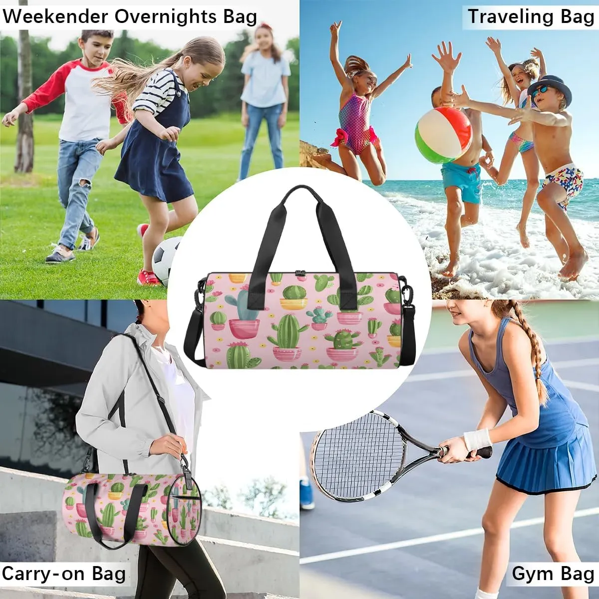 Gym Bags for Men Women Cactus Plant Theme Sports Duffel Bags Carry On Travel Duffle Bag with Detachable Adjustable Shoulder Strap Overnight Weekender Bag