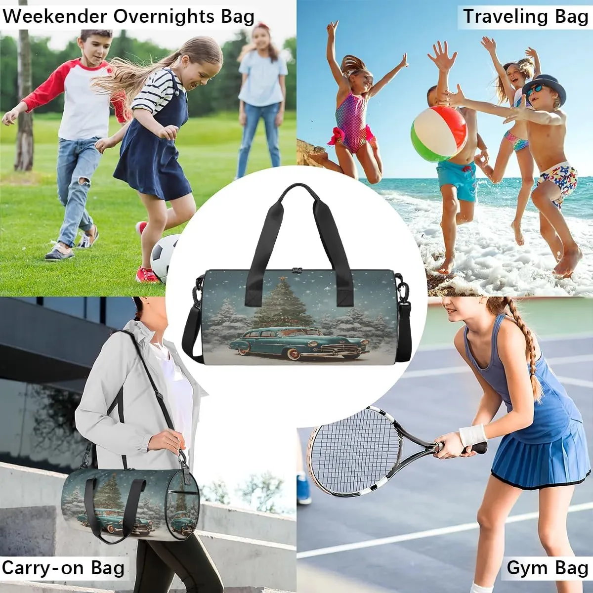 Gym Bags for Men Women Car Christmas Tree Sports Duffel Bags Carry On Travel Duffle Bag with Detachable Adjustable Shoulder Strap Overnight Weekender Bag