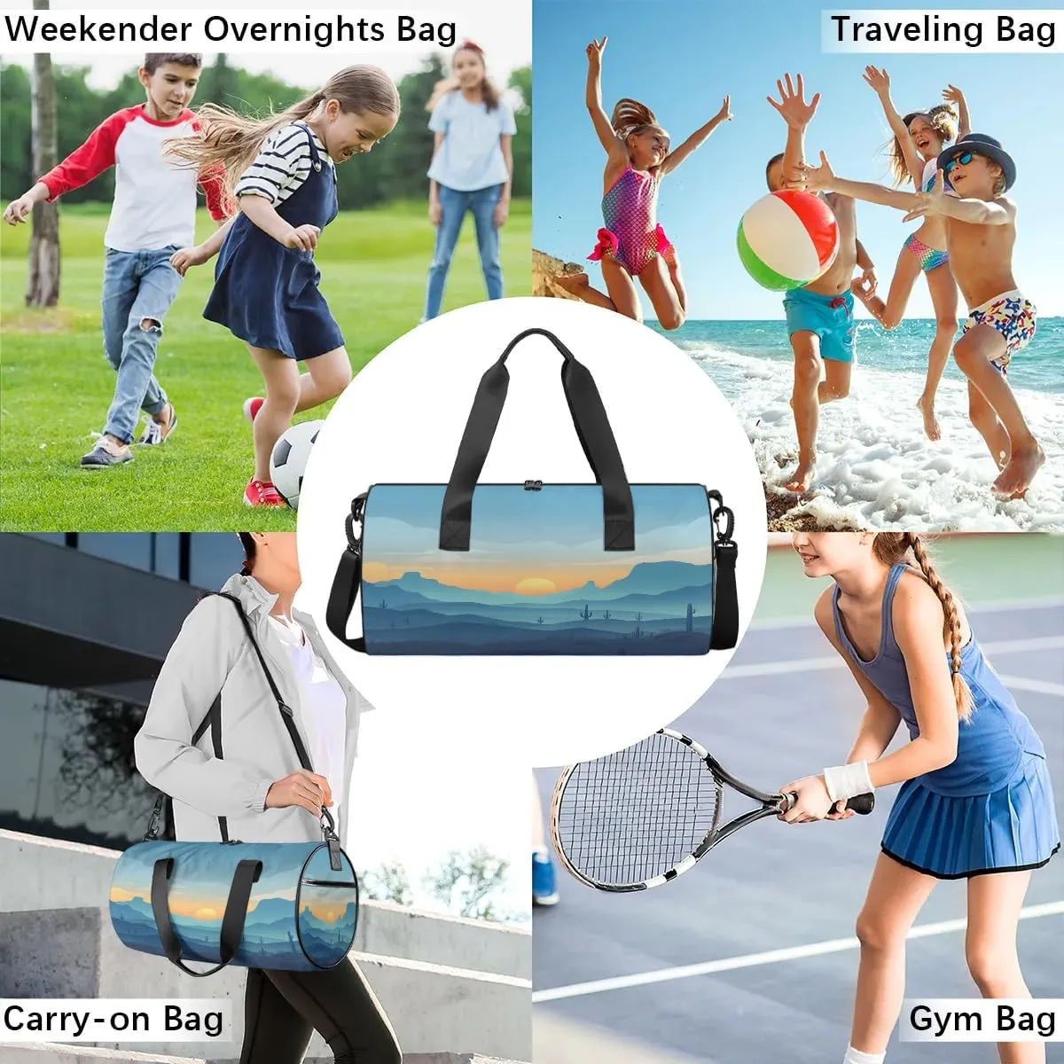 Gym Bags for Men Women Mountain Cactus Sun Sports Duffel Bags Carry On Travel Duffle Bag with Detachable Adjustable Shoulder Strap Overnight Weekender Bag