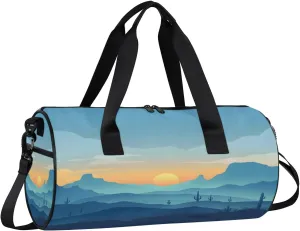 Gym Bags for Men Women Mountain Cactus Sun Sports Duffel Bags Carry On Travel Duffle Bag with Detachable Adjustable Shoulder Strap Overnight Weekender Bag