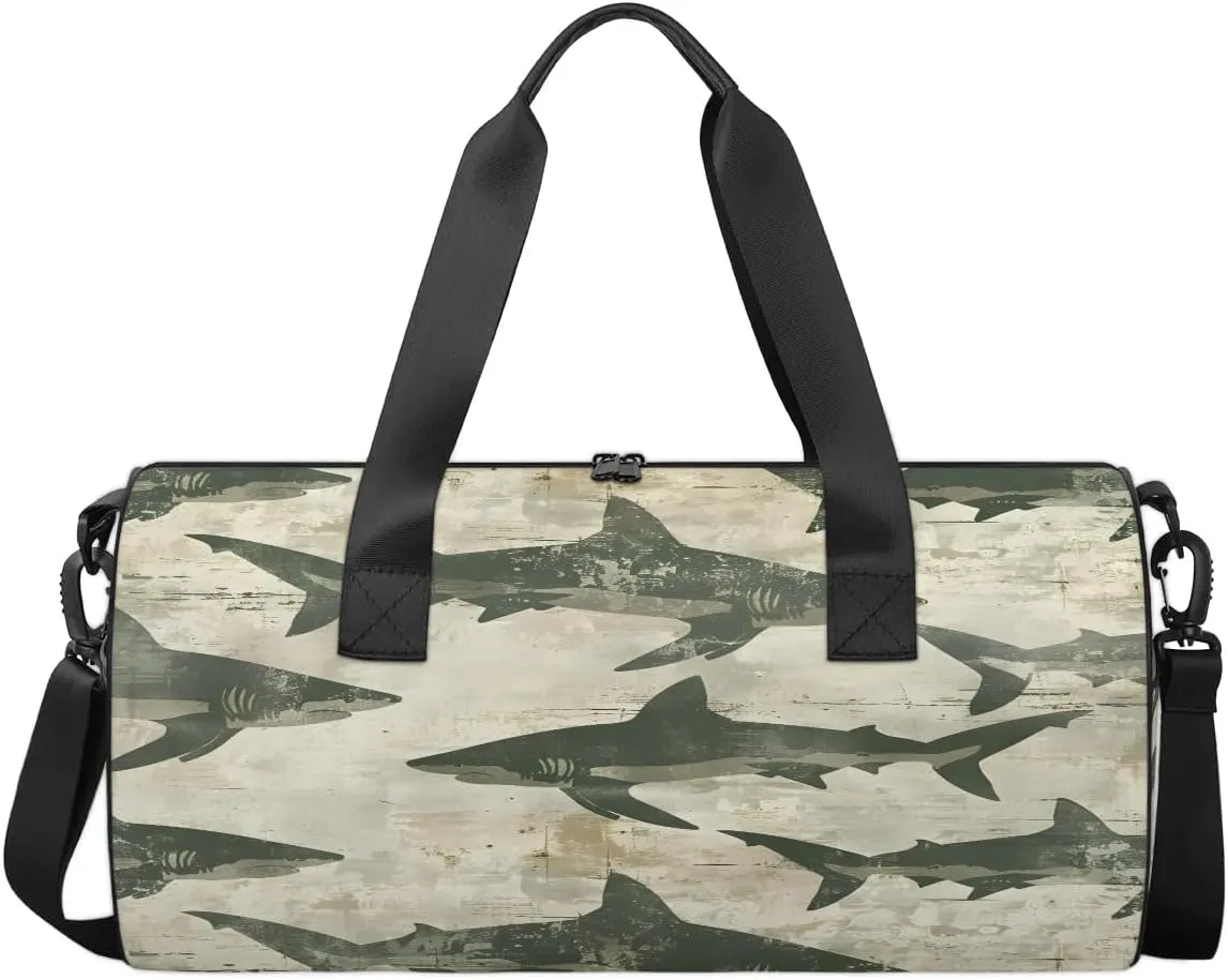 Gym Bags for Men Women Retro Sharks Print Sports Duffel Bags Carry On Travel Duffle Bag with Detachable Adjustable Shoulder Strap Overnight Weekender Bag