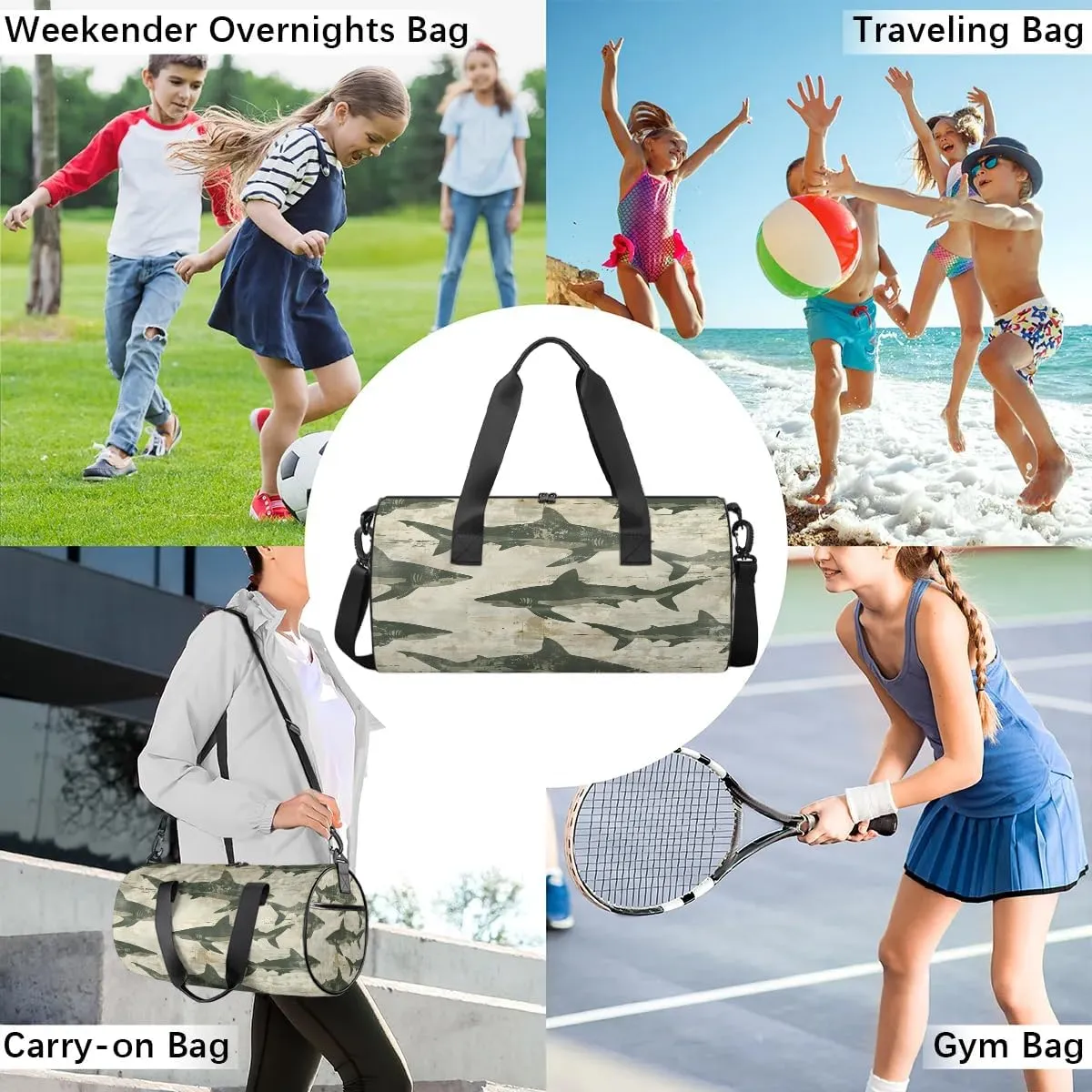 Gym Bags for Men Women Retro Sharks Print Sports Duffel Bags Carry On Travel Duffle Bag with Detachable Adjustable Shoulder Strap Overnight Weekender Bag