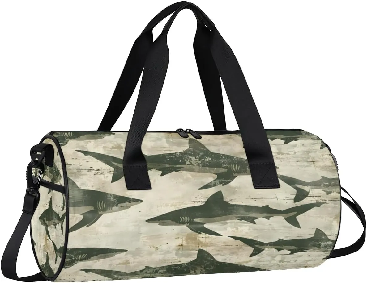 Gym Bags for Men Women Retro Sharks Print Sports Duffel Bags Carry On Travel Duffle Bag with Detachable Adjustable Shoulder Strap Overnight Weekender Bag