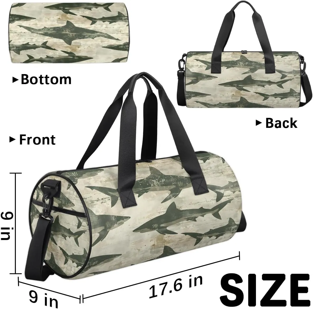 Gym Bags for Men Women Retro Sharks Print Sports Duffel Bags Carry On Travel Duffle Bag with Detachable Adjustable Shoulder Strap Overnight Weekender Bag