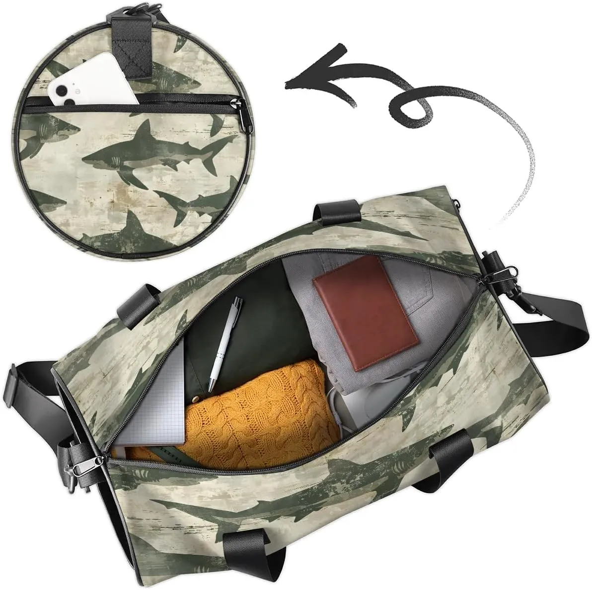 Gym Bags for Men Women Retro Sharks Print Sports Duffel Bags Carry On Travel Duffle Bag with Detachable Adjustable Shoulder Strap Overnight Weekender Bag