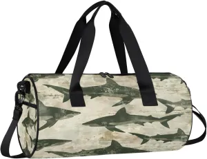 Gym Bags for Men Women Retro Sharks Print Sports Duffel Bags Carry On Travel Duffle Bag with Detachable Adjustable Shoulder Strap Overnight Weekender Bag