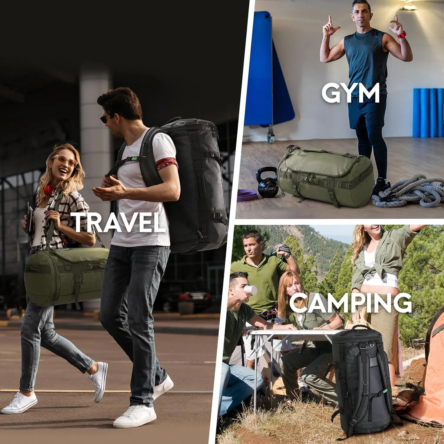 Haimont 45L Duffle Backpack Bag, Convertible Travel Duffle with Shoes Compartment for Gym Men Women with Straps, Heavy-duty, Water-resistant, Army Green