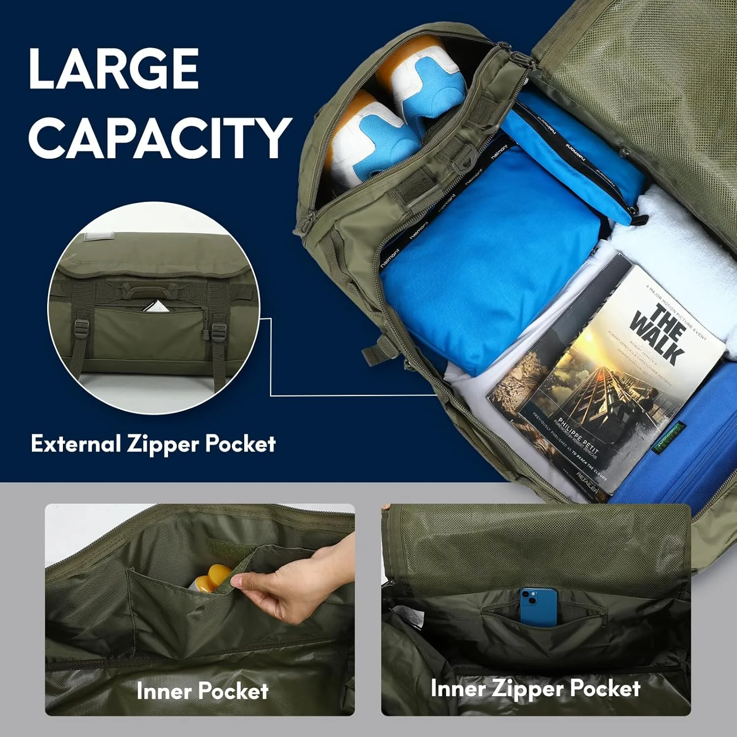 Haimont 45L Duffle Backpack Bag, Convertible Travel Duffle with Shoes Compartment for Gym Men Women with Straps, Heavy-duty, Water-resistant, Army Green